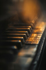 Sunset light casting golden hues on piano keys - A stunning image with golden sunset light casting a glow on dusty piano keys, evoking nostalgia and warmth
