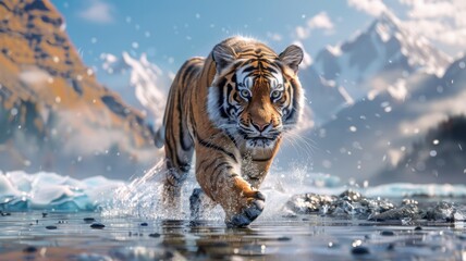 Fototapeta na wymiar Tiger leaping over riverbed with snowy mountains - A tiger in full stride leaps across a riverbed with a dynamic splash, the mountains providing a beautiful backdrop