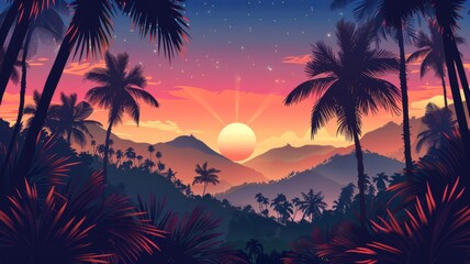 Fototapeta na wymiar Tropical sunset with silhouette of palm trees - An enchanting tropical landscape featuring silhouetted palm trees against a vibrant sunset sky filled with hues of pink and purple