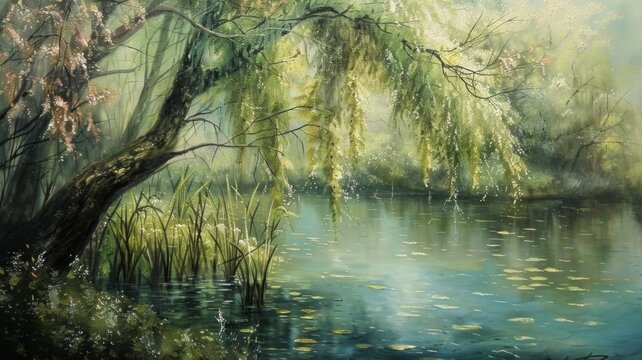 Tranquil willow trees by a serene lake - An oil painting of willows gently draping over a calm body of water, evoking tranquility and beauty