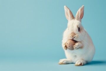 White rabbit holding a brown egg gently - A charming white rabbit tenderly grips a brown egg, symbolizing Easter festivities and gentle, caring moments