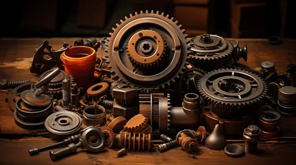 Fotobehang Assorted mechanical parts and gears on wood © heroimage.io