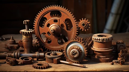 Fotobehang Antique mechanical components on wooden surface © heroimage.io