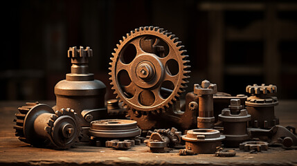 Collection of rustic mechanical parts and tools - obrazy, fototapety, plakaty