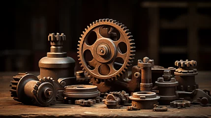 Fotobehang Collection of rustic mechanical parts and tools © heroimage.io