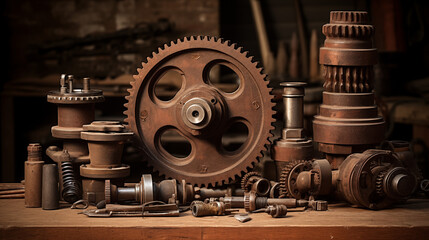 Varied collection of mechanical gears and parts - obrazy, fototapety, plakaty