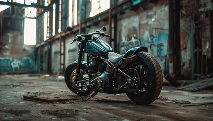 A motorcycle with wheels parked inside a deserted building. The vehicles tires are resting on the wornout treads, with the fender and automotive lighting visible - obrazy, fototapety, plakaty