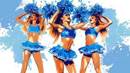 three cheerleaders in blue outfits with pom poms - obrazy, fototapety, plakaty