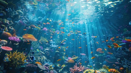 A vibrant underwater scene showcasing a coral reef teeming with life. Colorful fish swim among 