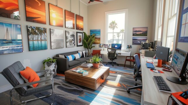 A vibrant office space adorned with photos and artifacts from various destinations, catering 