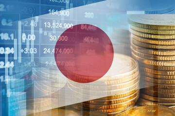 Japan flag with stock market finance, economy trend graph digital technology.