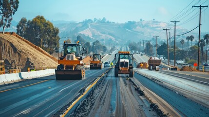 Alongside a bustling highway, workers operate heavy machinery to lay down new asphalt lanes. The...