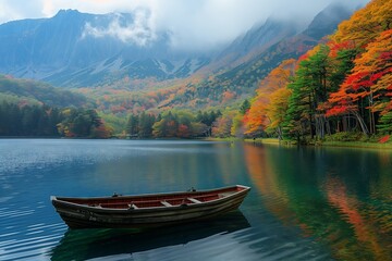 A boat peacefully drifts on the calm waters of a lake surrounded by majestic mountains under a picturesque sky with fluffy clouds