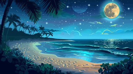 Fototapeta na wymiar a painting of a beach at night with a full moon