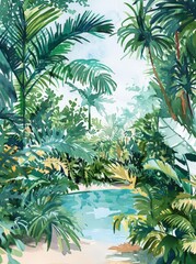 Fototapeta premium A vibrant painting featuring lush palm trees swaying in a tropical setting