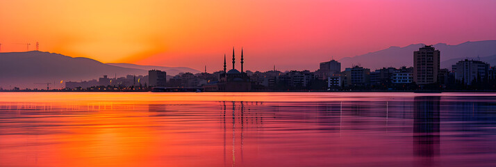 Izmir Twilight: A Captivating Sunset Over the Aegean Sea, Silhouetting the Magnificent Cityscape of Izmir, Turkey - obrazy, fototapety, plakaty
