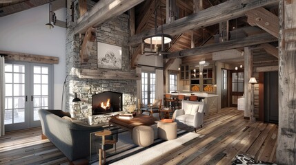 An office designed to mirror a cozy mountain lodge, offering properties in popular ski resort areas.  - obrazy, fototapety, plakaty