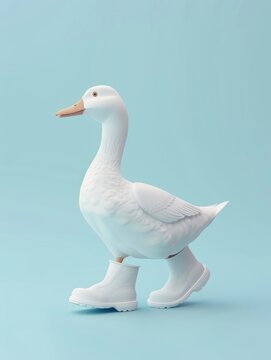 A white duck is standing on a vibrant blue background, looking around attentively