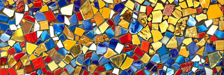 a mosaic of golden, red and blue mosaics on the floor, generative AI