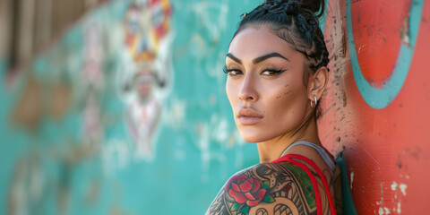 A woman with a tattoo on her arm stands in front of a wall with graffiti on it