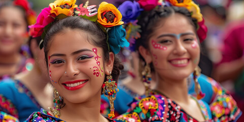 Two women wearing colorful headdresses and earrings are smiling for the camera - obrazy, fototapety, plakaty