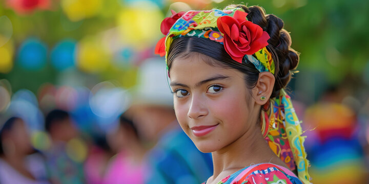 A young girl wearing a colorful headband and a red flower in her hair