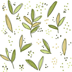 Spring summer Botanical seamless pattern, hand drawn line art  leaves on white. green on white natural nature leaves vegan vegetarian pattern background