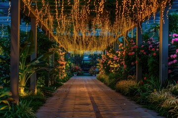 Enchanting Illuminated Pathway with Stunning Hanging Installation