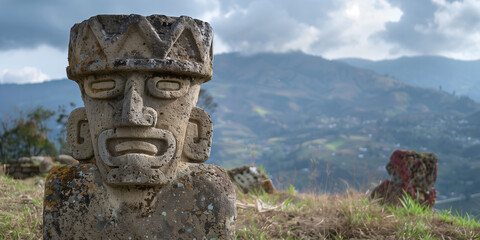 Obraz premium A statue of a man with a big nose and a big mouth is sitting on a hill