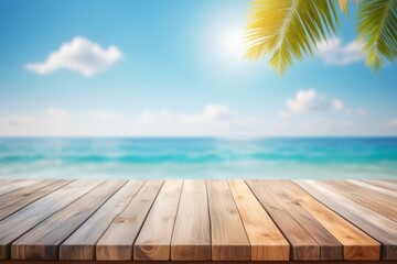 Wooden table top with a blurred sparkling sea water and summer sky background, ideal for coastal themes and summer concepts