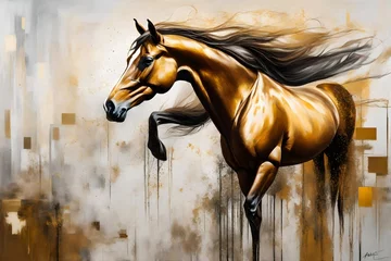 Fotobehang Glimmering strokes of gold illuminate the canvas, revealing the enigmatic presence of a horse in an abstract oil masterpiece that transcends conventional boundaries © Tanveer