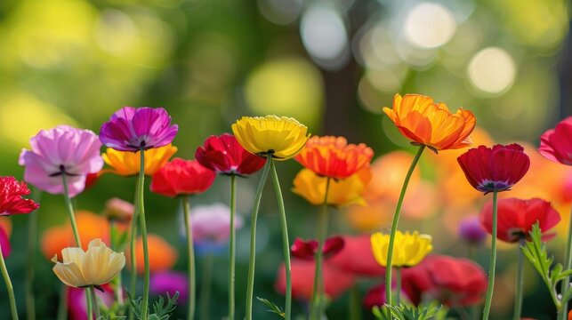 A Row of Colorful Flowers With a Blurry Background
