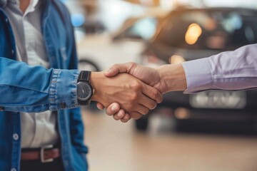 Transportation car rental or sell or buy automotive business concept, shake hands in a car background. - obrazy, fototapety, plakaty