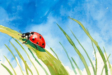A ladybug is on a green leaf