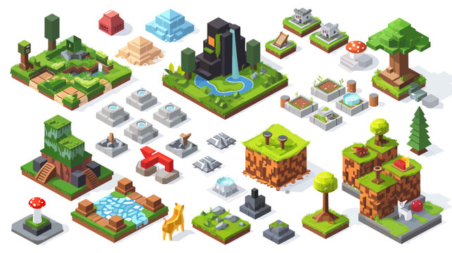 3d isometric flat set of video game scenes vector image with transparent background