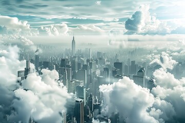 A captivating wallpaper design portraying a bustling city skyline against a backdrop of dramatic clouds and skyscrapers reaching towards the heavens, Generative AI