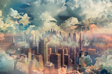 A captivating wallpaper design portraying a bustling city skyline against a backdrop of dramatic clouds and skyscrapers reaching towards the heavens, Generative AI - obrazy, fototapety, plakaty