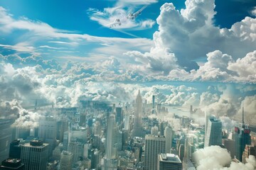 A captivating wallpaper design portraying a bustling city skyline against a backdrop of dramatic clouds and skyscrapers reaching towards the heavens, Generative AI - obrazy, fototapety, plakaty