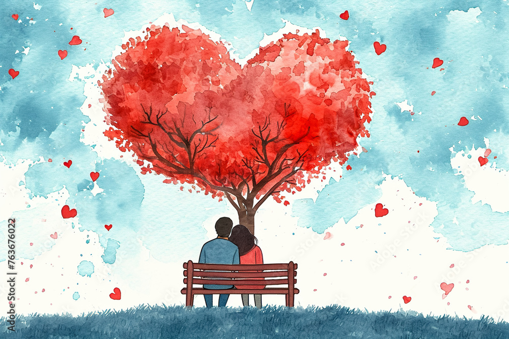 Wall mural a couple is sitting on a bench under a tree with red leaves