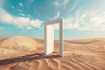 A white door is open in a desert.