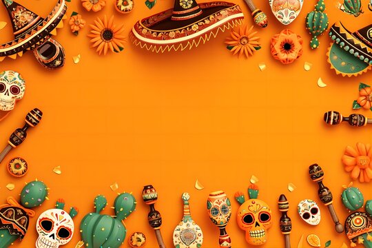 Vibrant Mexican Party Decorations Featuring Maracas, Sombreros, Sugar Skulls, and Cactus on an Orange Background with Space for Text.