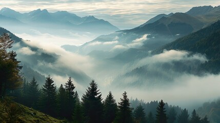 Mountainous landscape with fog