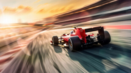 A race car is speeding down a track.