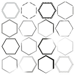 A diverse set of hexagonal vector frames with various line styles and decorative elements. Vector illustration. EPS 10.