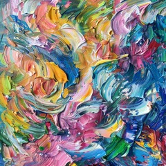 An abstract painting featuring a myriad of colors and layers of paint applied with dynamic brush strokes