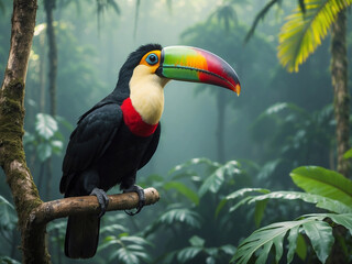 Fototapeta premium Vibrant Elegance, Toucan Perched in the Amazon Rainforest Jungle.