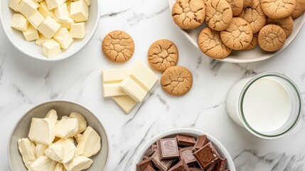 Raw ingredients, cookies, butter, white chocolate, a glass of milk on white table.