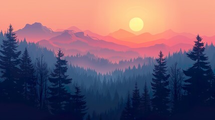 Obraz premium Sunset in the mountains with pine trees and coniferous forest