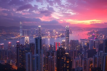 Fototapeta premium A captivating wallpaper design showcasing a bustling cityscape at twilight, with the last traces of daylight fading from the sky and the city lights coming to life, Generative AI