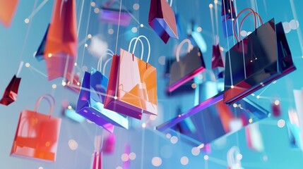  of interconnected devices such as laptops, tablets, and smartphones, with virtual shopping bags floating between them, representing the seamless shopping experience across different platforms